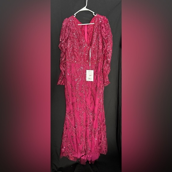 Mac Duggal 20349 NWT Red Embellished Puff Sleeve V Neck Gown - Picture 4 of 14